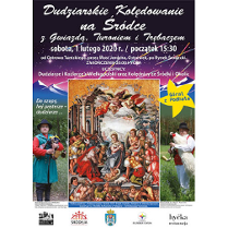 Plakat wydarzenia: na srodku obraz "Pokłon pasterzy" - na górze aniołowie, na środku Dzieciatko Jezus na sianie dookoła pasterze. Z prawej i lewej strony obrazu - dudziarze.