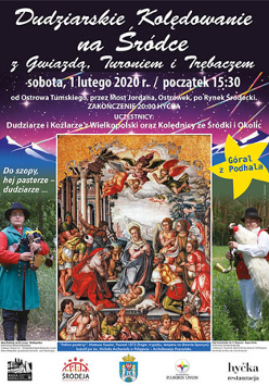Plakat wydarzenia: na srodku obraz "Pokłon pasterzy" - na górze aniołowie, na środku Dzieciatko Jezus na sianie dookoła pasterze. Z prawej i lewej strony obrazu - dudziarze.