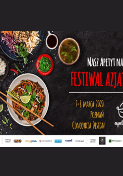 Zdjęcia potraw na ciemnym tle, po prawej kolorowe napisy