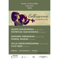 Plakat Cellissimo kameralnie. Kobieta niesie na ramieniu wiolonczelę.