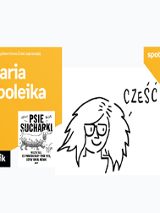 Grafika przedstawiająca głowę kobiecą, po lewej okładka książki, białe napisy na pomarańczowym tle