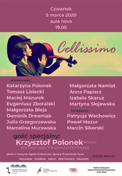 Plakat: kobieta niesie na ramieniu wiolonczelę.
