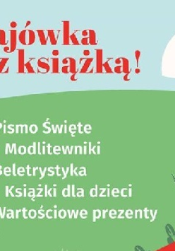 Na górze niebieskie niebo, na dole zielona trawa, w rogu po prawej kwiaty. Tekst na całym plakacie.