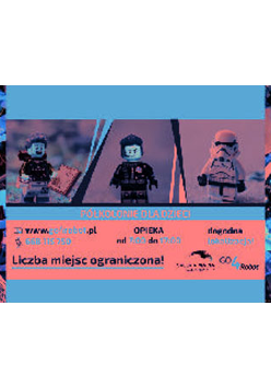 Z lewej i prawej strony klocki lego. Na środku 3 figurki z lego. Pod spodem napisy. Wszystko w kolorach: niebieskim, czarnym i rożowym.