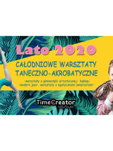 Po lewej dziwczynka w stroju gimnastycznym na tle zielonych lisci wykonuje akrobacje, po prawej uśmiechnięty chłopiec z wężem na karku. Na środkuróżowe i zielone napisy na żółtym tle.
