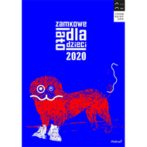 Czerwony lew w białych butach na niebieskim tle. Na górze białe litery.