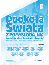 Plakat informujący o wydarzeniu: niebieskie napisy na błękitnym i białym tle