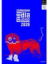 Grafika: na ciemnym niebieskim tle stylizowany, czerwony kształt zwierzęcia podobnego do lwa. U góry biały znak graficzny - Zamkowe lato dla dzieci 2020.