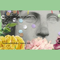 Rzeźba twarzy. Z lewej zielona gałązka. Na dole duże kwiaty: Zółty, rózowy i czerwony. Na rzeźbie kolorowe kółeczka.