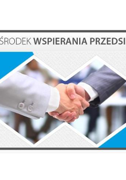 Na środku zdjęcie uściśniętych dłoni, na górze napis: Poznański Ośrodek Wspierania Przedsiębiorczości. Szare tło i niebieskie trójkąty.