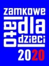 Czerwony lew w białych butach na niebieskim tle. Na górze białe litery.