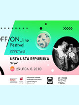 Kolorowa grafika, po prawej zdjęcia artysty, po lewej czarne napisy