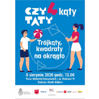 Kolorowa grafika: białe napisy informaujące o wydarzeniu na niebieskim tle, po bokach sylwetki chłopca i dziewczynki. Chłopiec trzyma w dłoni piłkę, dziewczynka koło przypominające hula-hop.