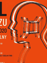 Plakat. Na pomarańczowym tle zarys ludzkiej postaci.