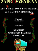 Plakat - na czarnym tle informacje o festiwalu. Na dole zdjęcie wozu cygańskiego.