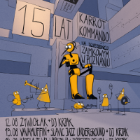 Plakat przedstawia żółte postacie (ludziki), na modernistycznym niebieskim tle. Dodatkowo czarny napis "15 lat Karrot Kommando".