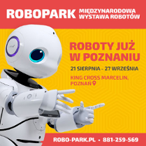 Po lewej biały robot z głową, oczami i rękoma, po prawej npisy na żółtym tle.