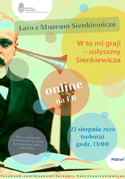 Po lewej zdjęcie Sienkiewicza, trąbka, po prawej informacje o wydarzeniu, kolorowe tło