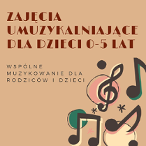 W prawym dolnym rogu kolorowe nutki, na górze brązowe napisy na beżowym tle