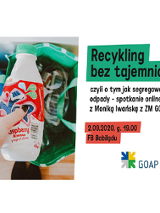 Plakat z informacjami o wydarzeniu, po lewej stronie na zdjęciu dłoń trzymająca opakowanie po jogurcie