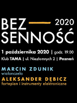 Plakat - na czarnym tle napis bezsenność oraz informacje o dacie i miejscu wydarzenia.