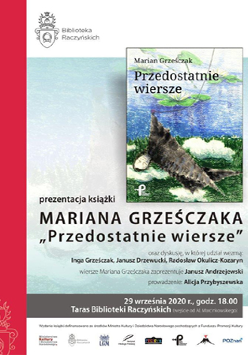 Plakat z informacjami o wydarzeniu i okładką książki Mariana Grześczaka.