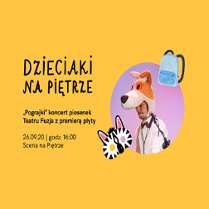 Informacje o wydarzeniu na żółtym tle. Po prawej aktor w przebraniu psa.