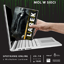 Okładka ksiażki M. Larka "Na tropie", pod nią laptop. Napisy informujące o wydarzeniu.