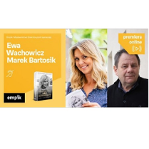 Ewa Wachowicz z otwartą książką. Obok Marek Bartosik. Po lewej informacja o spotkaniu i okłdka książki.