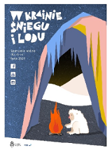 W jaskini małpa grzeje się przy ognisku. Napis: W krainie śniegu i lodu.