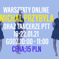 Na niebieskim tle białe i żółte napisy informujące o wydarzeniu. W tle kilka sylwetek Michała Przybyły w ruchu.