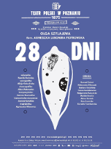 Niebieski plakaty na którym na białonapisano informacje o spektaklu zawarte w opisie.