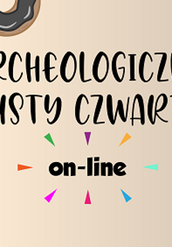 Czarny napis "Archeologiczny tłusty czwartek online" na bladoróżowym tle. W lewym górnym rogu kolorowe pączki.