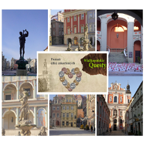 Kolaż zdjęć z różnych miejsc Starego Rynku. W środku napis "Poznań (dla) zakochanych".