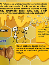 Prosty rysunek rozmawiających dwóch osób, zdjęcie prelegentki, łyżeczka z cukrem.