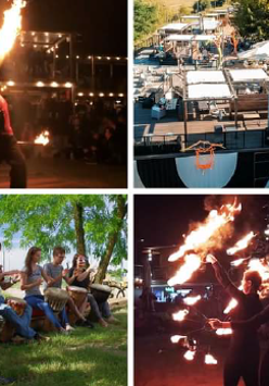 Człowiek plujący ogniem, widok ogródków gastronomicznych, grupa ludzi grających na bębenkach oraz dwie osoby tańczące z ogniem. Napis- ognisty wieczór 15 maja otwarcie ogródków fireshow vinyl night.