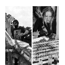 Mężczyzna z brodą, w czapce, oplata drewno liną. Kobieta oblewa farbą materiał. Obok napis- warsztaty upcyclingowe, renowacja mebli, farbownie tkanin.