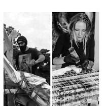 Mężczyzna z brodą, w czapce, oplata drewno liną. Kobieta oblewa farbą materiał. Obok napis- warsztaty upcyclingowe, renowacja mebli, farbownie tkanin.