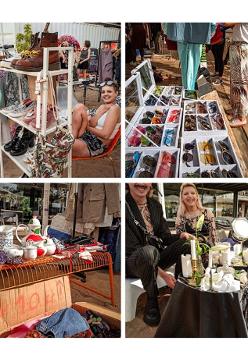Stanowiska z okularami, koszulkami, plakatami, obok uśmiechnieci wystawcy. Napis "Targowisko różności ciuchy vintage, prace lokalnych artystów, targ staroci".