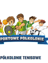 Grupa roześmianych dzieci w strojach różnych dyscyplin sportowych: dziewczynka - gimnastyka, Chłopcy: koszykówka, tenis, piłka nożna, judo. Pod spodem na wstążce napis: Sportowe półkolonie.
