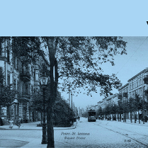 Dwa zdjęcia ukazujące dawne ulice Łazarza. Wszystko pokryte niebieskim filtrem.