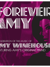 Napis Forever Amy a celebration of the music of Amy Winehouse featuring amy's original band. Różowe tło, ilustracja przedstawiająca Amy.