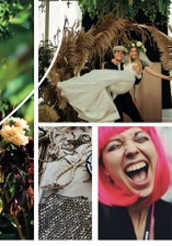 Stary świecznik ze świecami, stary zegar, dziewczyna z rózowymi włosami śpiewa, star biżuteria, mężczyzna trzyma na rękach kobietę w białej sukni i wianku na głowie.