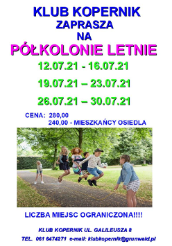 Na gorze terminy półkolonii. Na dole zdjęcie dzieci skaczących na skakance. Dwoje kręci skakanką a 4 skacze.