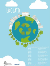 Planeta Ziemia z symbolem recyklingu. Na górze bloki i domy, na dole: lasy i drzewa.