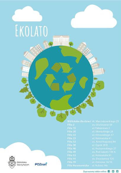 Planeta Ziemia z symbolem recyklingu. Na górze bloki i domy, na dole: lasy i drzewa.