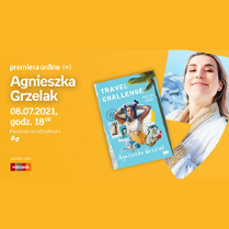 Plakat wydarzenia ze zdjęciem Agnieszki Grzelak po prawej. Po lewej białe napisy informujące o wydarzeniu, pomarańczowe tło.