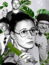 Kobieta i trzech mężczyzn, trzymają zielone liście.