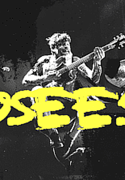 Mężczyzna grający na gitarze, czarno-białe. Na tym żółty napis: Osees