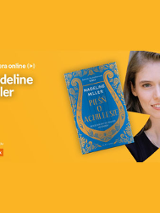 Plakat ze zdjęciem pisarki i okładką książki po prawej stronie. Po lewej biały napis "Madeline Miller", pomarańczowe tło.